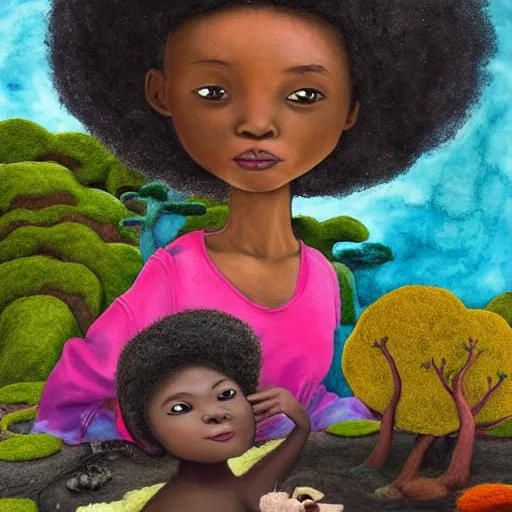 Prompt: black girl with big cute! eyes and a colorful afros having a tea party in an african zen garden with a baobab tree, bright colors, watercolor, volumetric wool felting, felt, macro photography, children illustration, global illumination, radiant light, detailed and intricate environment, by goro fujita, psychedelic surreal portrait, bokeh!!!!