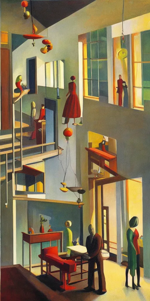 Image similar to midcentury modern atrium, hanging mobile, grant wood, pj crook, edward hopper, colorful, oil on canvas