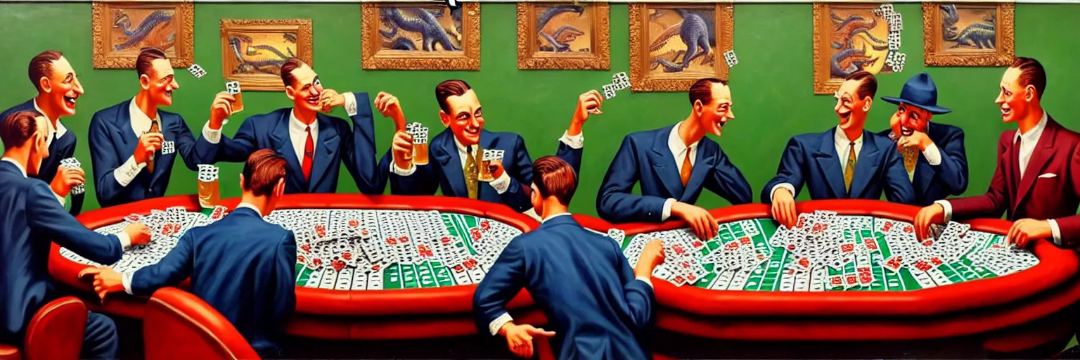 Prompt: dinosaurs wearing vintage suits, playing poker and drinking beer, 1 9 5 0's, oil painting, hyperdetailed