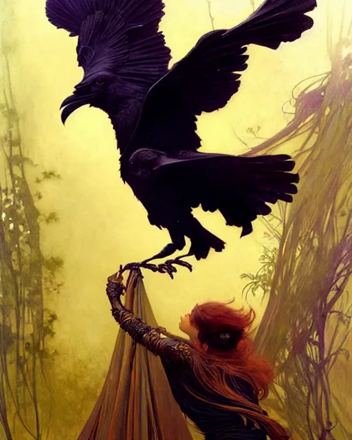 Prompt: goddess of ravens, unusual beauty, emotionally evoking symbolic metaphors, head in focus, fantasy, ornamental, intricate, elegant, sensual, highly detailed digital painting, artstation, concept art, painterly, golden ratio, sharp focus, illustration, art by Artem Demura and Rafael and Alphonse Mucha and Albert Aublet