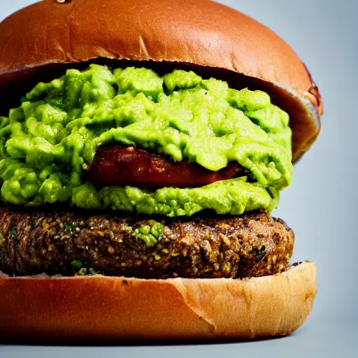 Image similar to juicy vegan hamburger topped with guacamole, fried onion and a vegan fried egg, crispy buns, 8 k resolution, professional food photography, studio lighting, sharp focus, hyper - detailed