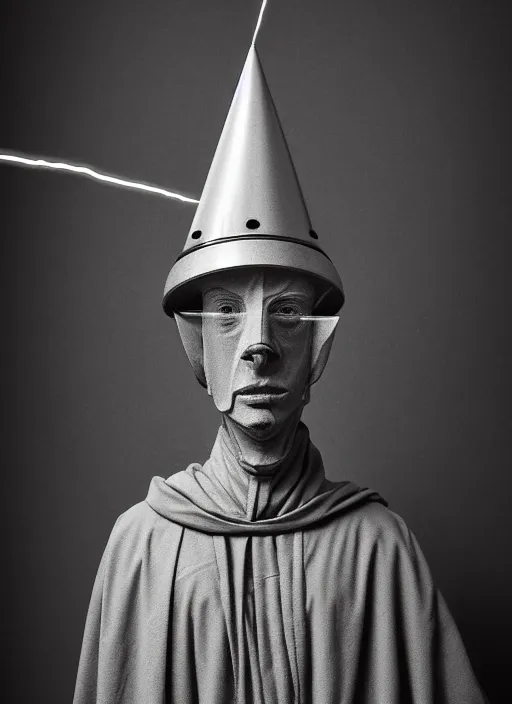 Image similar to realistic photo portrait of a a scientist ritual monk medieval clerical sculpture cone hat helmet made of wood, with plastic details detailed, covered in tesla electricity laser beam aura, sci - fi, greyscale 1 9 9 0, life magazine photo, natural colors,