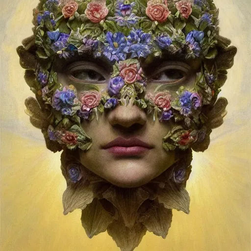 Prompt: masterpiece painting of a facemask made of flowers, by annie swynnerton and jean delville and tino rodriguez and diego rivera, photorealistic, flower mask, symbolist, dramatic lighting, god rays, elaborate geometric ornament, clean crisp graphics, soft cool colors, smooth sharp focus, extremely detailed