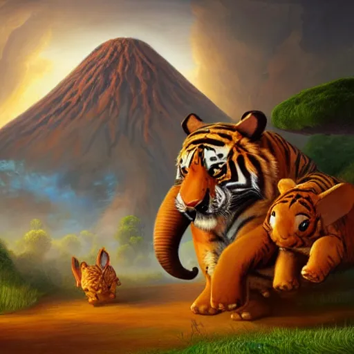 Image similar to a tiger, an elephant and a rabbit running away from a volcano by justin gerard, deviantart