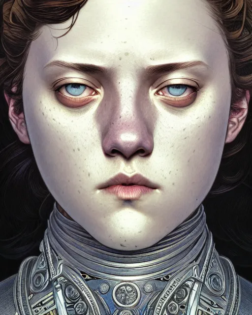 Prompt: ' yara greyjoy ', closeup shot of face, beautiful shadowing, 3 d shadowing, reflective surfaces, illustrated completely, 8 k beautifully detailed pencil illustration, extremely hyper - detailed pencil illustration, intricate, epic composition, masterpiece, bold complimentary colors. stunning masterfully illustrated by range murata, alphonse mucha, katsuhiro otomo.