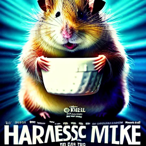 Prompt: an epic movie poster of a movie where a homeless hamster eats so much oatmeal he becomes obese