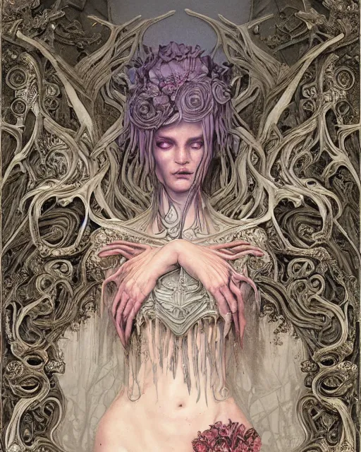 Image similar to a beautiful detailed front view of a dead rotten princess with ornate growing around, ornamentation made of baroque architecture, elegant, beautifully soft lit, by wayne barlowe, peter mohrbacher, kelly mckernan