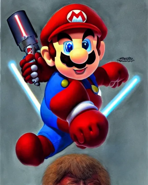 Image similar to portrait of super mario as a jedi, red cap, blue lightsaber, beautiful, very detailed, hyperrealistic, medium shot, very detailed painting by Glenn Fabry, by Joao Ruas