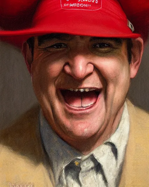 Prompt: closeup portrait of whimsical conniving ted cruz wearing a red maga cap, court jester in renaissance era,, masterpiece, by donato giancola and greg rutkowski and wayne barlow and zdzisław beksinski, high contrast, realistic face