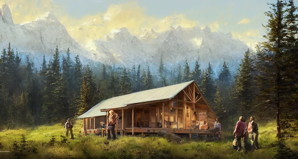 Image similar to cabela's beautiful comfortable modular pop - up insulated all terrain family dwelling, cabin,, person in foreground, mountainous forested wilderness open fields, beautiful views, painterly concept art, joanna gaines, environmental concept art, farmhouse, magnolia, concept art illustration, by james gurney, by craig mullins, by greg rutkowski trending on artstation