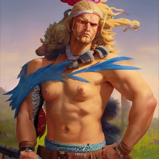 Prompt: a painted portrait of a cartoon character that has been brought to the real world, a a barbarian with a kind heart, the setting is a normal suburban backyard by huang guangjian and gil elvgren and sachin teng, 8 k,