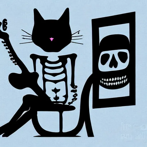 Image similar to skeleton wearing headphones watching girl playing guitar with her black cat standing next to her, digital art