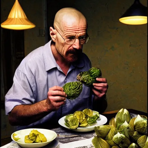 Image similar to walter white eating artichoke, photography,