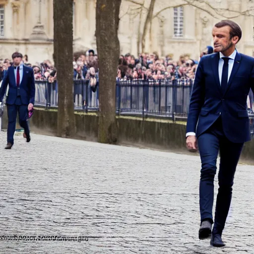 Image similar to 1750 Emmanuel Macron walking, 150mm photography, high quality, 4K