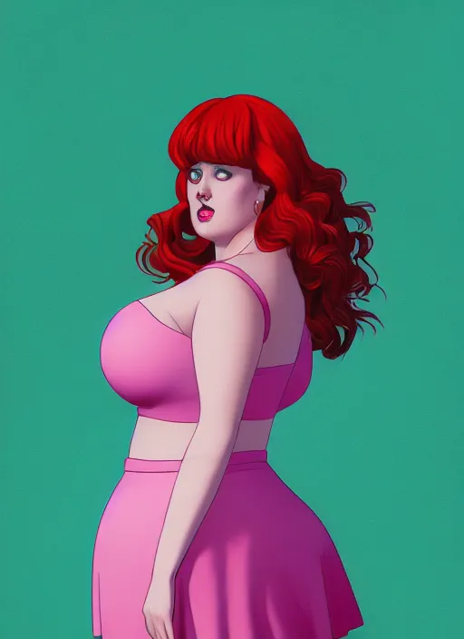 Image similar to full body portrait of teenage cheryl blossom, obese, bangs, green eyes, sultry expression, red hair, sultry smirk, bangs and wavy hair, pink skirt, fat, intricate, elegant, glowing lights, highly detailed, digital painting, artstation, concept art, smooth, sharp focus, illustration, art by wlop, mars ravelo and greg rutkowski