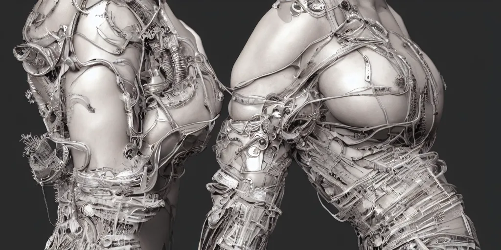 Prompt: hyper realistic photography of a stunningly beautiful cyborg female, elbow, plated arm, intimate, holding close, ribbons, in the style of beth cavener, jin kagetsu,, and wlop, highly detailed, intricate filigree, symmetry, masterpiece, award winning, sharp focus, concept art, highkey lighting, ambient lighting, octane render, 8 k, artstation