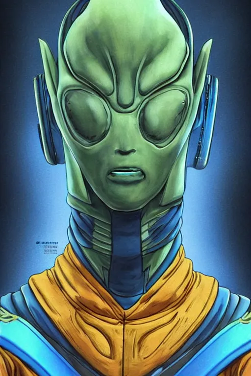 Image similar to portrait from a handsome blue masculine extraterrestrial alien, sci - fi art, akira toriyama, trending on artstation