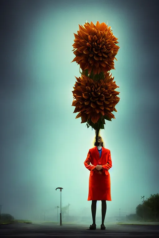 Image similar to giant dahlia flower head, frontal, girl in a suit, standing in street, surreal photography, sunrise, dramatic light, impressionist painting, digital painting, artstation, simon stalenhag