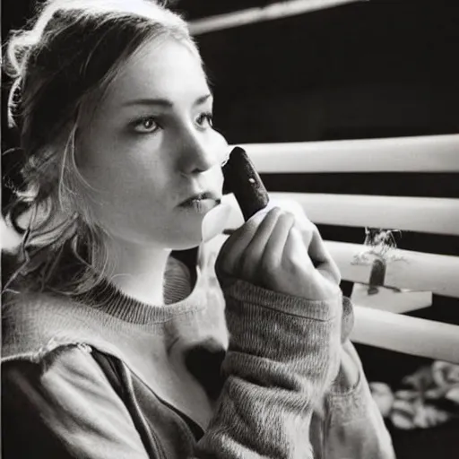 Image similar to Live Action Still of Jerma985 in a film of a beautiful model woman smoking a cigarette by the window, black and white, hyperrealistic, ultra realistic, realistic, highly detailed, epic, HD quality, 8k resolution, body and headshot, film still