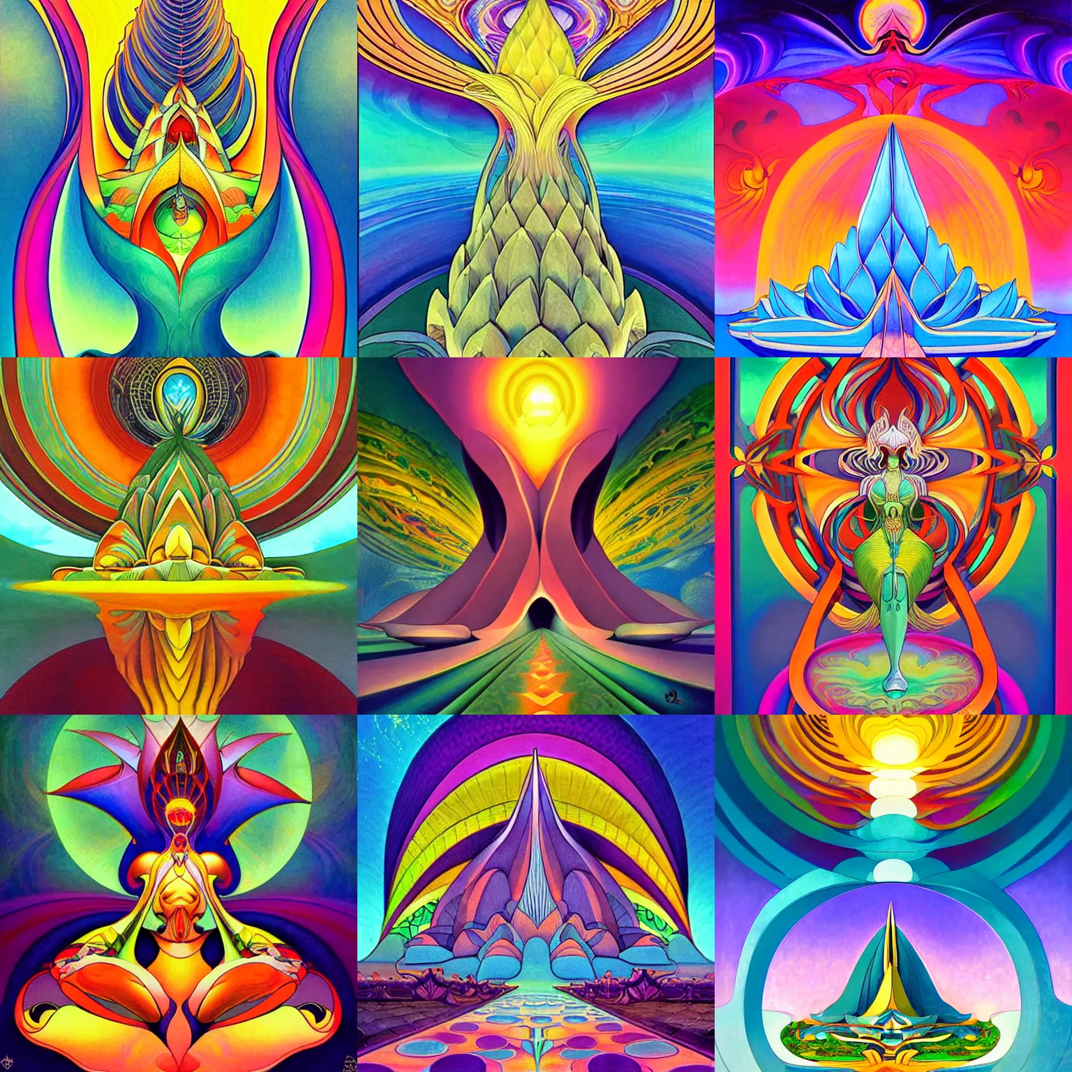 Prompt: beautiful divine infinity lotus temple lexx by escher and anato finnstark, peter max, mucha