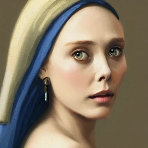 Image similar to Elizabeth Olsen with a pearl earring illustrated by Greg Rutkowski, 4k, 8k, trending on artstation