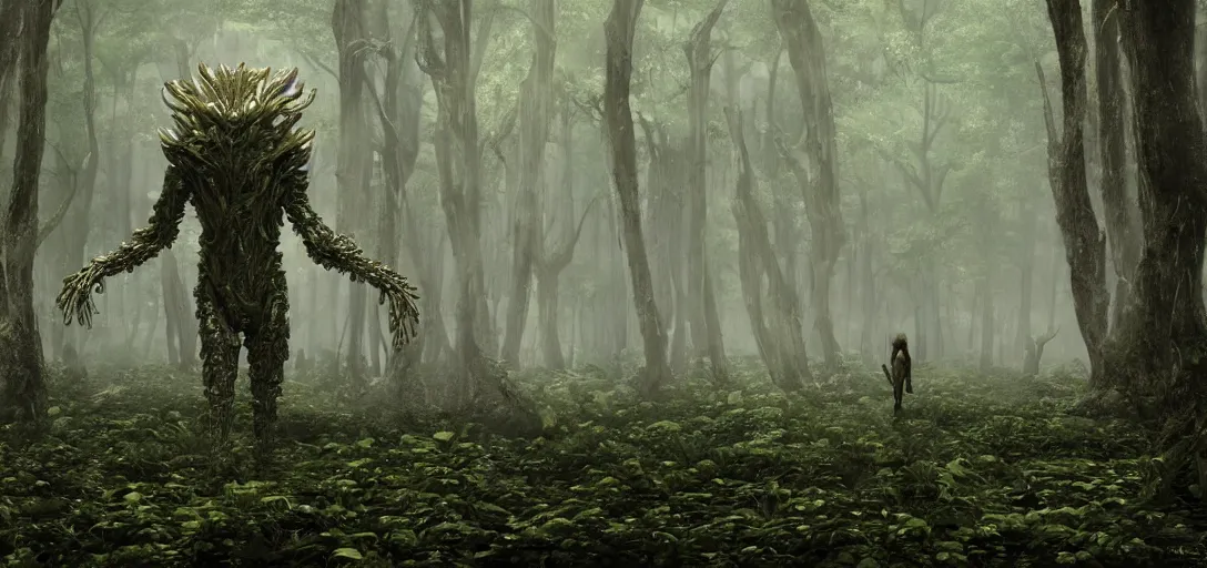 Image similar to a complex organic fractal 3 d metallic symbiotic ceramic humanoid megastructure creature in a swampy lush forest, foggy, cinematic shot, photo still from movie by denis villeneuve, wayne barlowe