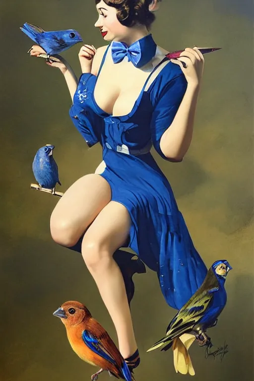 Image similar to hyper realistic painting, tasteful pinup girl holding an indigo bunting, bird, the bird is wearing a bowtie, by greg rutkowski, rossdraws, gil elvgren, enoch bolles, anime, porcelain skin, very coherent