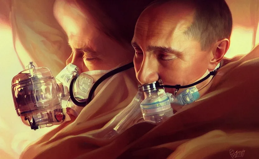 Prompt: Putin suffocates with oxygen mask on a death bed, intricate, portrait, highly detailed, digital painting, artstation, concept art, smooth, sharp focus, illustration, cinematic lighting, art by artgerm and greg rutkowski and alphonse mucha