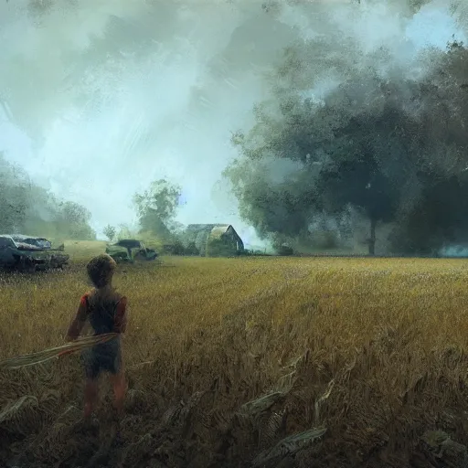 Image similar to reality tearing itself apart on a small corn farm, ominous, end of world, craig mullins