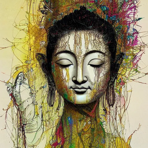 Image similar to contented female bodhisattva, praying meditating, realism, elegant, intricate, portrait illustration by Carne Griffiths and David Cronenberg