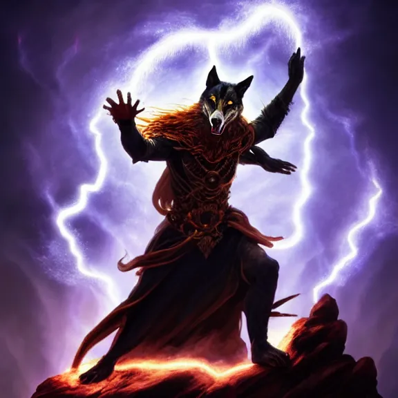 Prompt: magic humanoid wolf sorcerer casting a powerful arcane magic spell, fire, ice, lightning, fantasy, occult, majestic pose, dramatic lighting, cinematic scene, frank frazetta, visually stunning, sharp focus, highly detailed, colorful, trending on artstation, cgsociety, artgerm, award - winning