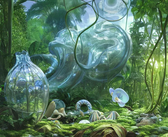 Image similar to transparent clear see - through image of mollusks, lush botany, orchids, ferns, garden environment, ultra realistic, concept art, art nouveau, photorealistic, octane render, 8 k, unreal engine. art by gustave dore and nori inoguchi and sam kaplan and zachary goulko and christopher marley and artgerm and alphonse mucha