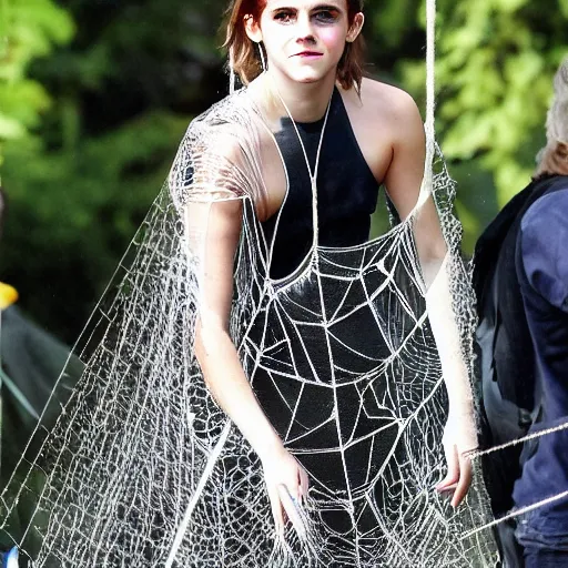 Image similar to emma watson hanging and trapped in a giant spider web with face - covered