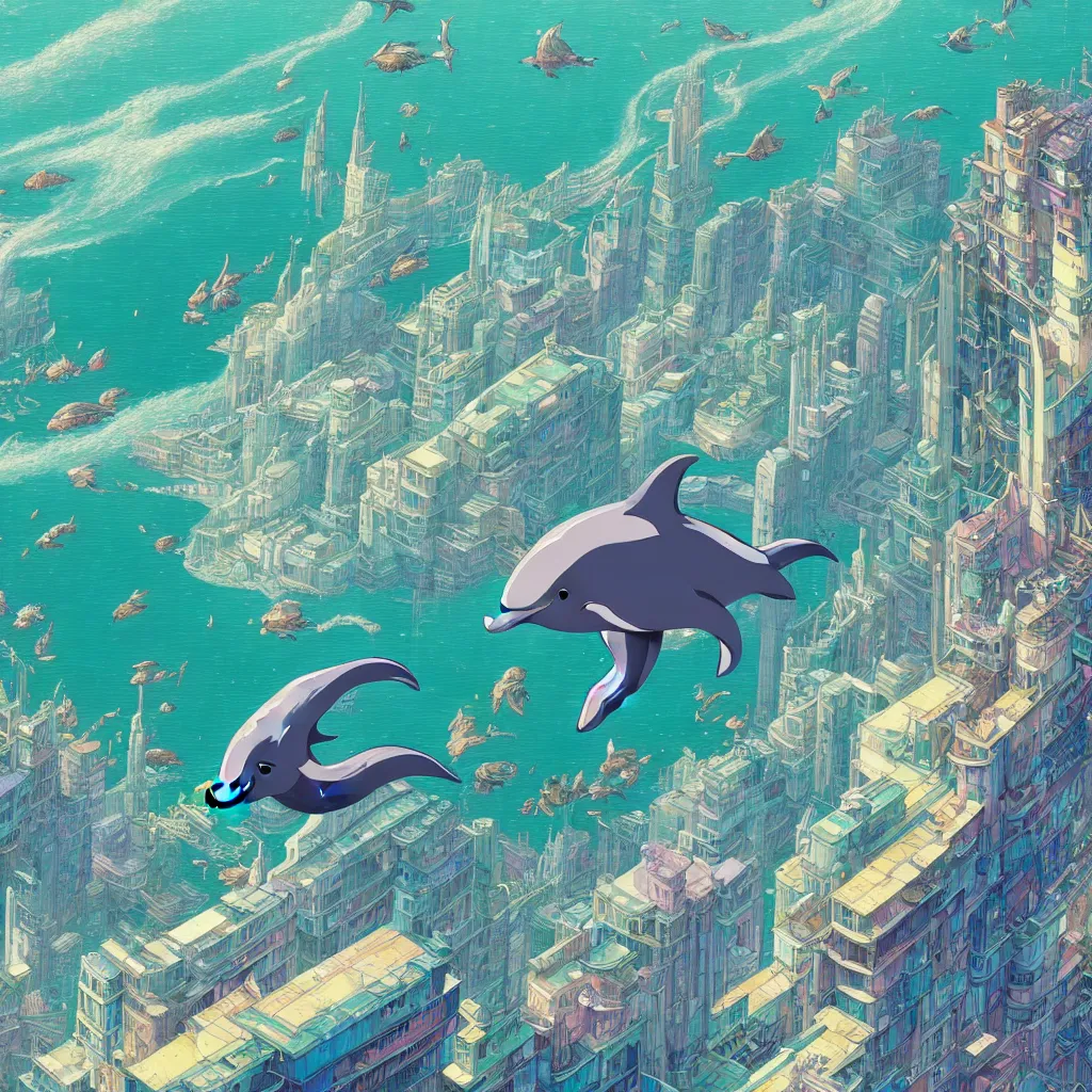 Image similar to a beautiful hyperdetailed character design 4 k wallpaper illustration of a cute dolphin, city by the sea, victo ngai cyberpunk style, from china, style of studio ghibli, makoto shinkai, raphael lacoste, louis comfort tiffany, artgerm, james jean, ross tran, chinese style