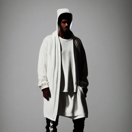 Image similar to a full body lookbook portrait of modern - day jesus wearing cream fear of god menswear collection by nicola samori, hat and hoodie, detailed, oil painting, hyper - realistic, 8 k, yeezy collection