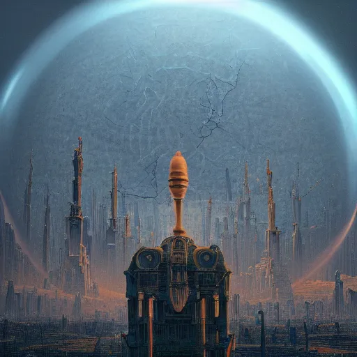 Image similar to The world is labyrinthine beyond possibility of imagining, inhabited on many levels by alien intelligence, infinite in extent, staggering in its beauty, terrifying in its weirdness, endlessly satisfying and peculiar, by Caspar David Friedrich and Bruce Pennington, cinematic lighting, hyper realism, high detail, octane render, 8k, iridescent accents