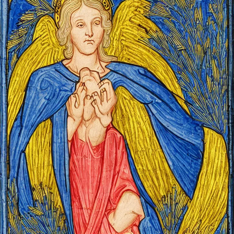 Prompt: biblically accurate angel medieval illuminated manuscript illustration