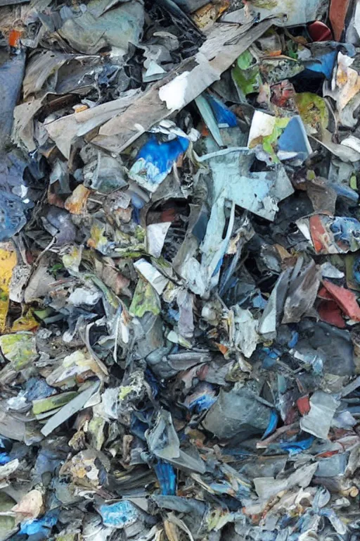 Prompt: painterly warped trash heap, dull grey