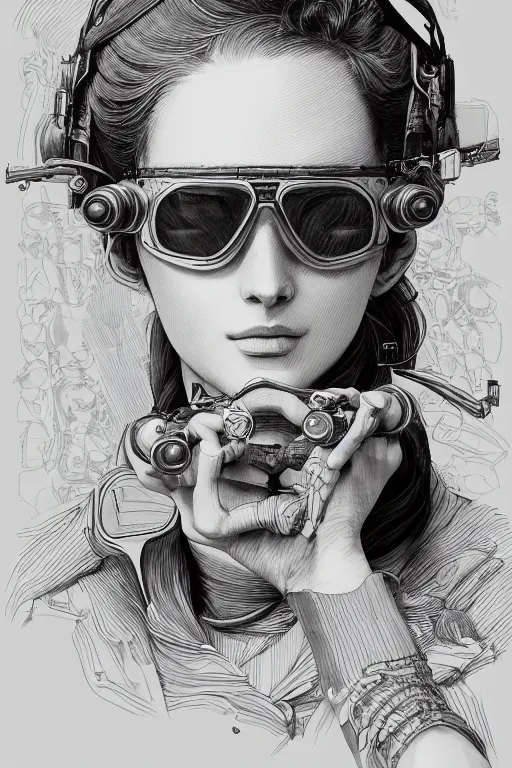 Prompt: studio portrait of a female aviator, wearing aviator goggles, beautiful, elegant, an ultrafine hyperdetailed illustration by kim jung gi, and moebius, jean gireaud, and nicholas delort, intricate linework, detailed faces, super sharp focus, bright colors, octopath traveler, final fantasy, unreal engine 5, symmetry, central composition,