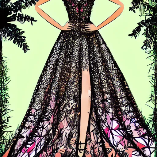 Image similar to zuhair murad gown fashion illustration by eko nugroho, jungle background, fine detail