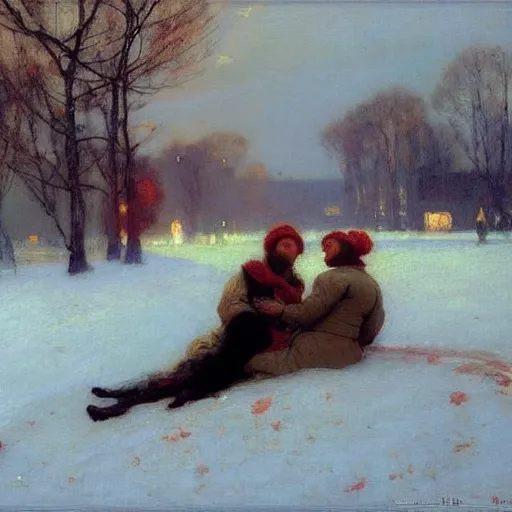 Prompt: love at first sight in the style of Ilya Repin, soft lighting, winter morning