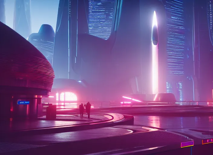 Prompt: futuristic colony, blade runner 2 0 4 9 city architecture, spacex starship rocket launch site, environmental lighting, stromy weather, ray tracing, people walking in street, amazing view, futuristic, highly detailed, heavy traffic, neon shops, octane render, unreal engine 5, 4 k