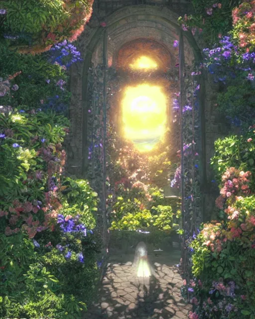 Image similar to portal to paradise, 8 k high definition, advanced technology, beams of energy, pathway, flowers, machines, perfect relationship, love, masterpiece, art by akihiko yoshida, antilous chao, woo kim