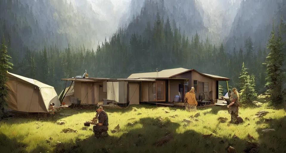 Image similar to cabela's beautiful comfortable community of modular insulated wall container home kit - house all weather military grade family dwelling tent house, person in foreground, mountainous forested wilderness open fields, beautiful views, painterly concept art, environmental concept art, concept art illustration, by james gurney, by craig mullins, by greg rutkowski trending on artstation