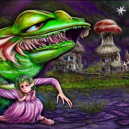 Prompt: hyper realistic Scary godlike fairy being chased by a frog , art style of Junji Ito ,detailed mushroom village in the background , Taras Shevchenko style, post-processing, fantasy , masterpiece , junji ito, painting , vibrant colors