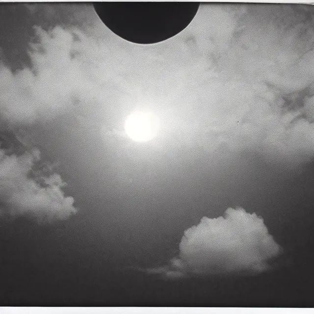 Image similar to huge, moon sized black and white cubes floating in the atmosphere. old polaroid image from the surface of the earth looking up