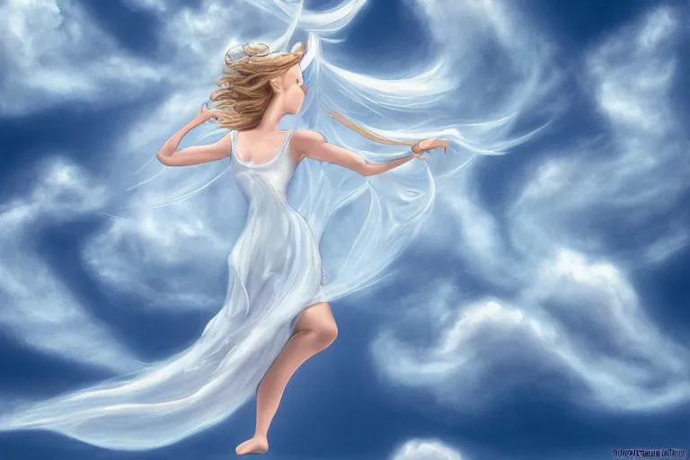 Image similar to high among the wispy swirling clouds, twirling on the wind she soared, the misty dancer in the clouds whirled her translucent arms, white hair spilling across the sky canvas, dissolving and reforming amongst ethereal wisps, as if made of clouds, all blues and whites, hyperrealism hand drawn cartoon 4k by Walt Disney and MC Escher, smooth, sharp focus, extremely detailed.