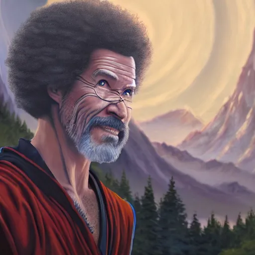 Image similar to a closeup photorealistic photograph of bob ross working on a canvas painting of dr. strange. film still. brightly lit scene. mountains and trees. this 4 k hd image is trending on artstation, featured on behance, well - rendered, extra crisp, features intricate detail, epic composition and the style of unreal engine.