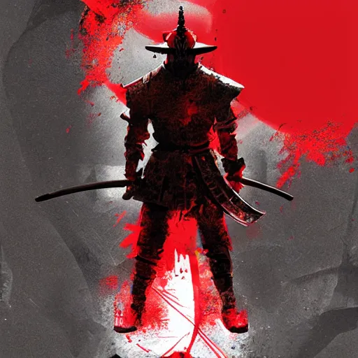 Prompt: artwork by Craig Mullins and Russ Mills and SPARTH showing a samurai in front of a red circle