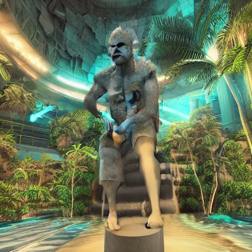 Image similar to a hyperrealistic 3 d render of a crumbling statue in a surreal underground swimming pool surrounded by palm trees and neon lights, vaporwave, unreal engine, octane render, dramatic lighting, volumetric lighting, ultra detailed, photorealistic